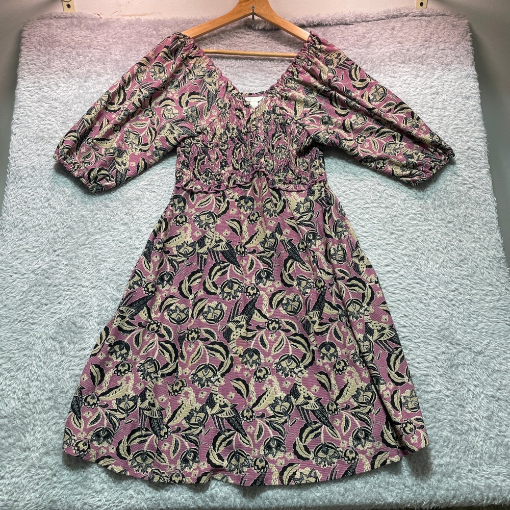 Cato Women Small Purple Floral Bird Print Smocked Waist V-Neck Puff Sleeve Dress